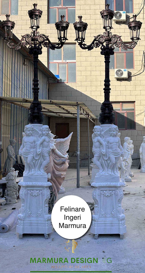 Angel Guardians monumental marble and brass lamp posts by Marmura Design CG