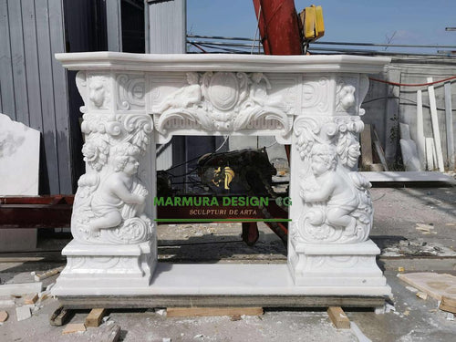 Angelic Majesty hand-carved marble fireplace by Marmura Design CG