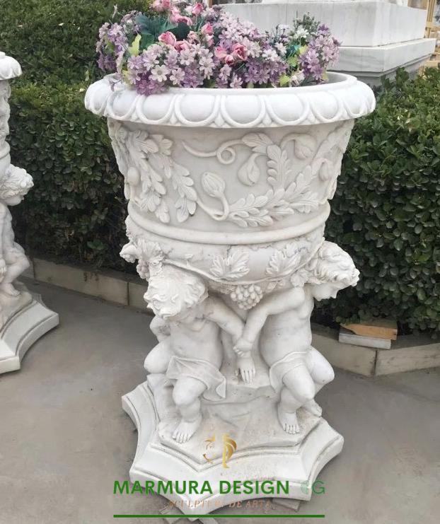 Ornate Cherub Marble Planter on Sculptural Pedestal – Bespoke