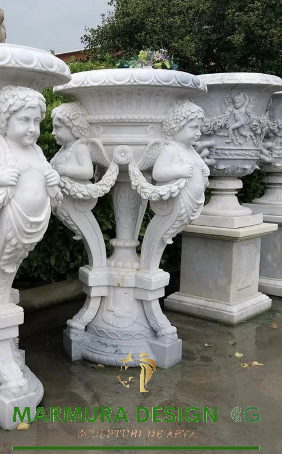 Cherub-Supported Sculptural Marble Garden Planter – Bespoke