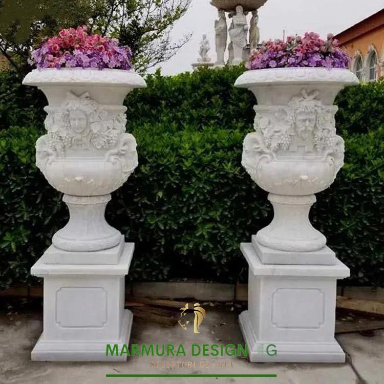 Classical White Marble Urn with Pedestal – 125 cm