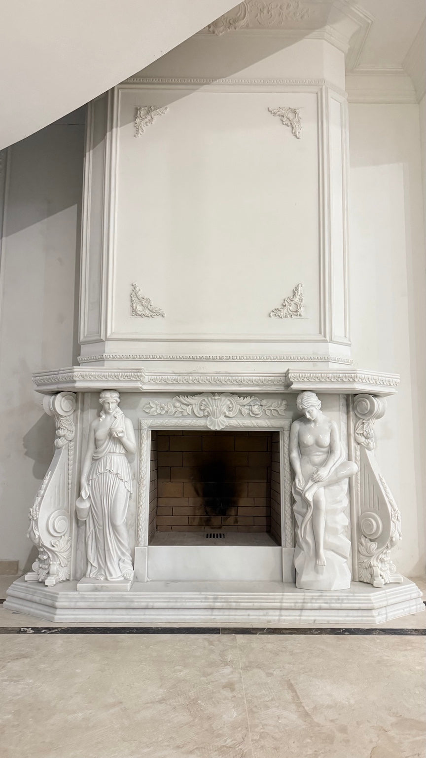 Figurative classical marble fireplace by Marmura Design CG