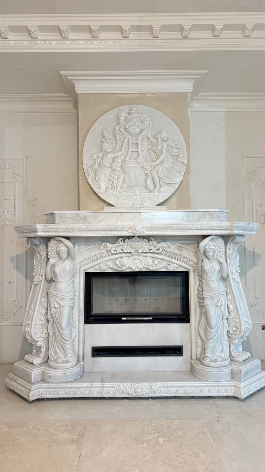 Grand Caryatid & Medallion Marble Fireplace