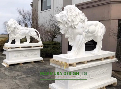 Imperial White Marble Lion with Pedestal by Marmura Design CG