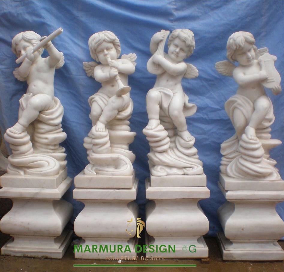 Musical Cherub Marble Sculpture with Pedestal