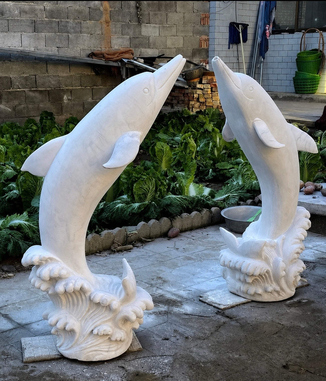 Pair of Monumental Marble Dolphin Fountain Sculptures – 160 cm