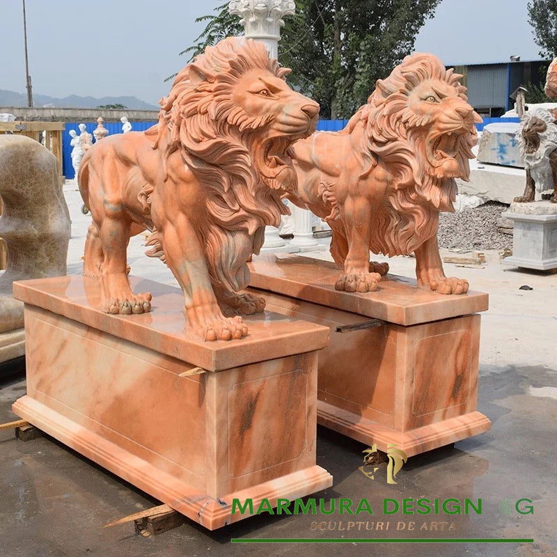 Monumental Red Sunshine Marble Lion with Pedestal