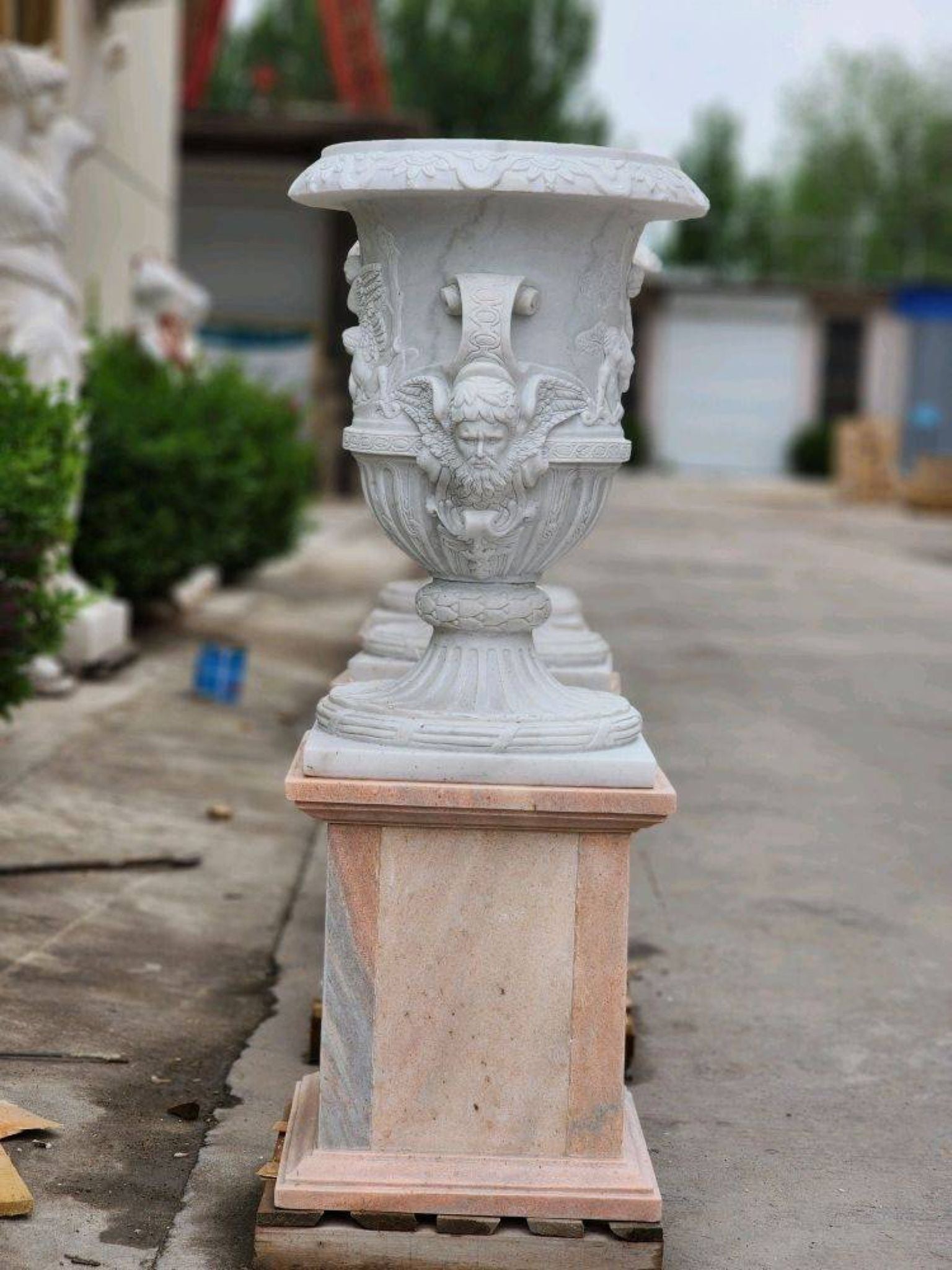Set of Three Sculpted Marble Urns with Pedestals – In Stock