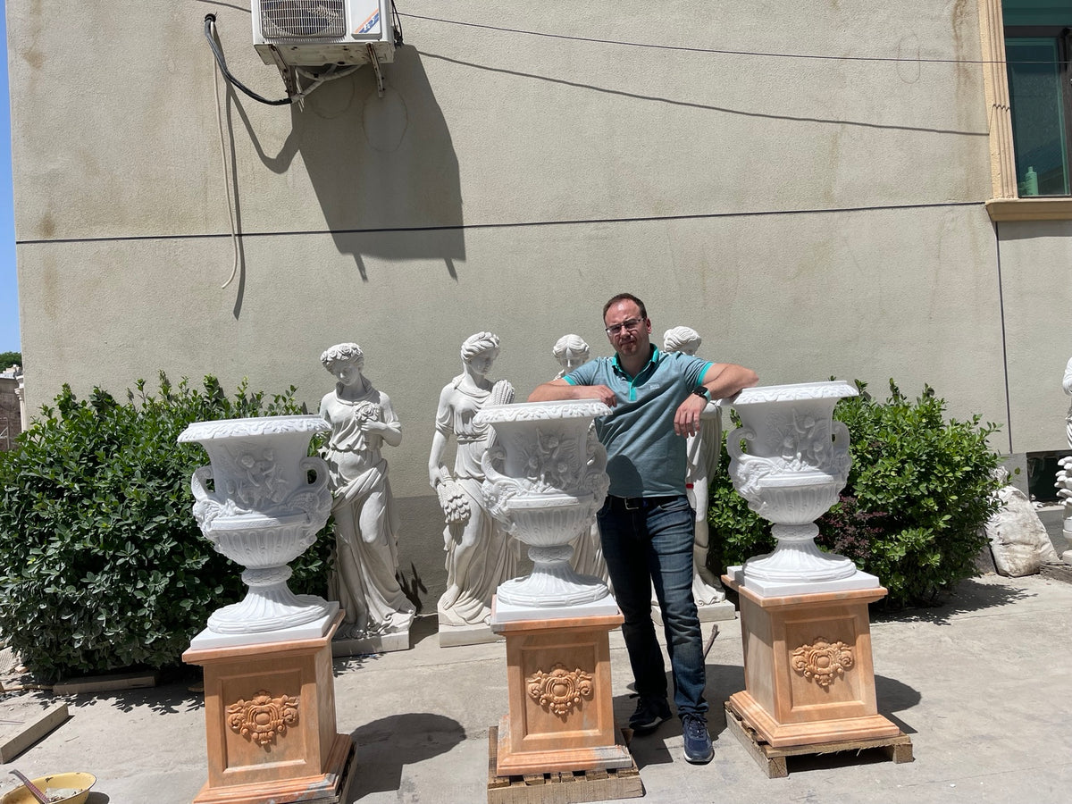 Set of Three Sculpted Marble Urns with Pedestals – In Stock