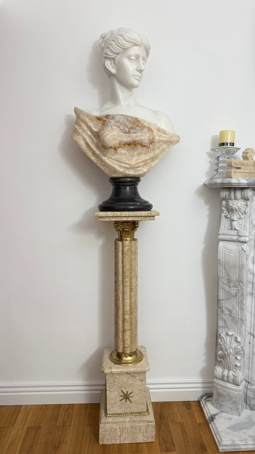 Young Lady Bust in White Marble & Onyx – In Stock